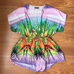 Indikah palm print colorful romper swimsuit cover up